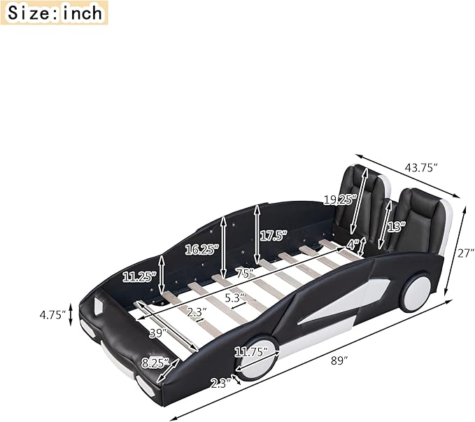 Twin Size Race Car Bed, PU Car-Shaped Bed Frame with Wheels and Guardrails for Kids,Boys,Wood Slat Support, No Box Spring Needed,Black - LeafyLoom