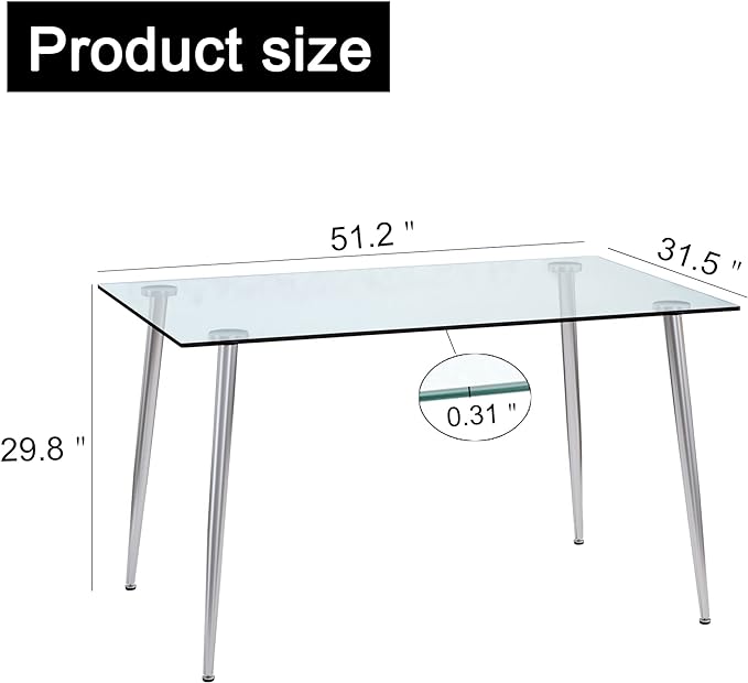 NicBex Modern Minimalist Rectangular Glass Dining Table for 4-6 with 0.31" Tempered Glass Tabletop and Silver Plating Metal Legs, Writing Table Desk, for Kitchen Dining Living Room, Transparent - LeafyLoom