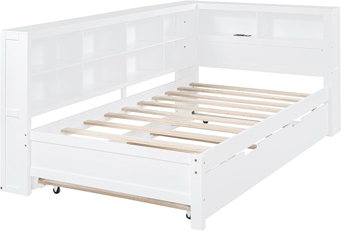 Wooden Twin Size DayBed with L-Shaped Bookcase Headboard and Trundle, Wood Twin Day Bed Frame with Storage Shelf and USB Charging Ports for Living Room Bedroom, White - LeafyLoom