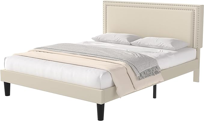 VECELO Full Size Platform Bed Frame with Height Adjustable Upholstered Headboard, Modern Mattress Foundation,Strong Wood Slat Support, No Box Spring Needed, Easy Assembly - LeafyLoom