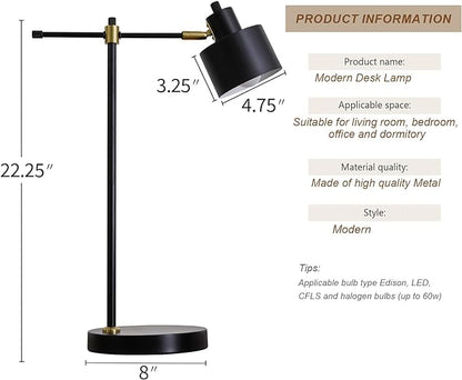 OYEARS Modern Industrial Desk Lamp for Reading LED 22.2“ Metal Table Lamp Light for Office Bedroom Study Room Living Room Nightstand Bedside Lamps Gold and Matte Black Accent (Black, Bulb Included) - LeafyLoom