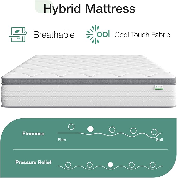 Novilla Full Mattress, 10 Inch Hybrid Full Mattress in a Box, Pocket Innerspring Pillow Top Mattress Full for Motion Isolation, Pressure Relief & Enhanced Edge Support, Medium Firm Feel - LeafyLoom