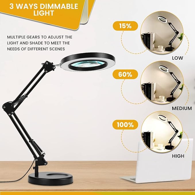 Magnifying Glass with Light and Stand - 2-in-1 Stepless Dimmable LED Magnifying Desk Lamp with Clamp - 3 Color Modes Lighted Magnifier Lens Swivel Arm Light for Reading, Craft, Close Works - LeafyLoom