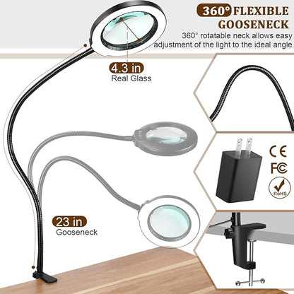 VEEMAGNI 10X Magnifying Glass with Light and Clamp, 23" Gooseneck 5 Color Modes Stepless Dimmable LED Desk Lamp, Real Glass Table Lighted Magnifier Hands Free for Craft Painting Sewing Close Work - LeafyLoom