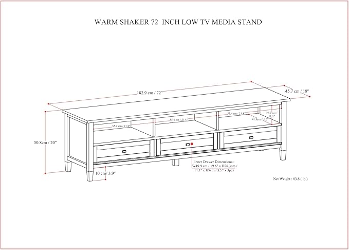 SIMPLIHOME Warm Shaker Solid Wood 72 inch Wide Transitional TV Media Stand in Tobacco Brown for TVs up to 80 inches for The Living Room and Entertainment Center - LeafyLoom