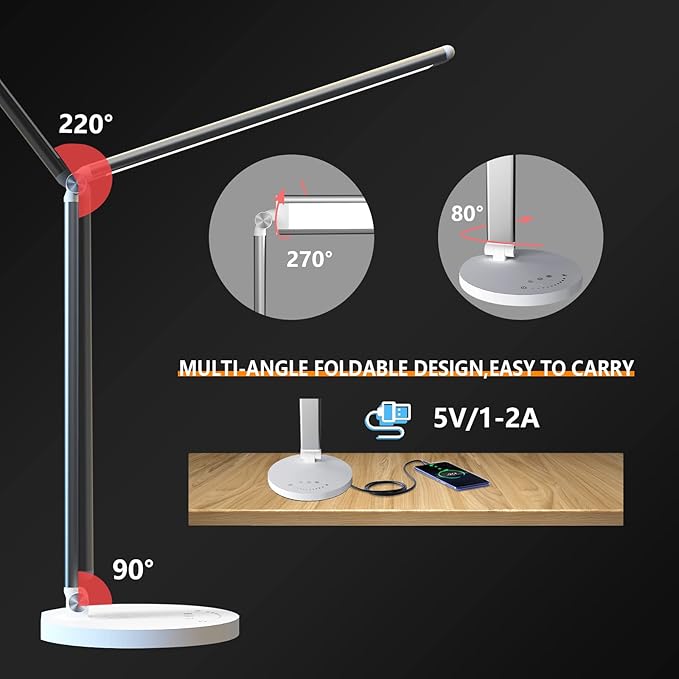 Touch Desk Lamp LED Dimmable 13W Table Study Lights,Night Light/Timer/Memory Function with USB Charging Ports, Adjustable Table Lamp for Reading/Working-Foldable/Rotatable - LeafyLoom