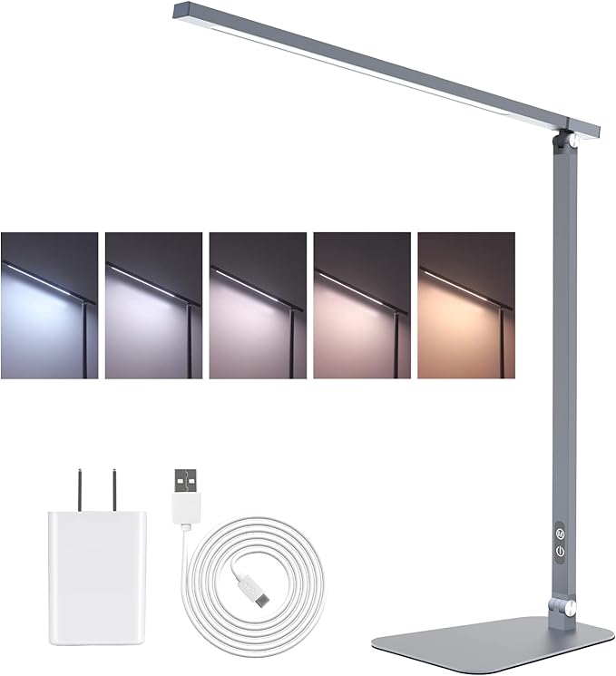 LED Desk Lamp Touch Control Aluminum Alloy Study Table Lamp Dimmable Eye-Caring,Bright Angle Adjustable Timer Portable Desk Light Wired for Home/Office/Dorm Work Reading Light with USB Cable - LeafyLoom