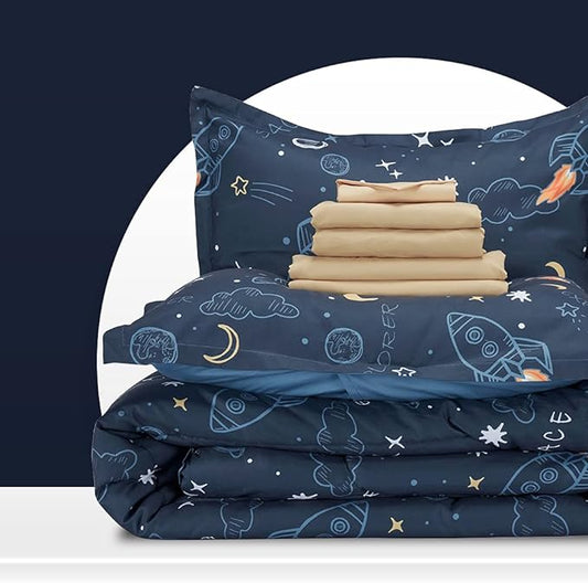 SLEEP ZONE Kids Twin Bedding Comforter Set - Super Cute & Soft Kids Bedding 5 Pieces Set with Comforter, Sheet, Pillowcase & Sham (Space Rocket) - LeafyLoom