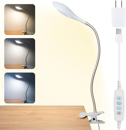 Desk lamp Eye-Caring Table Lamps, 360°Rotation Gooseneck Clip on Lamp Reading Light, Portable Reading Book Light, Clamp Light, Study Desk Lamps for Bedroom and Office Home Lighting (White-C02) - LeafyLoom