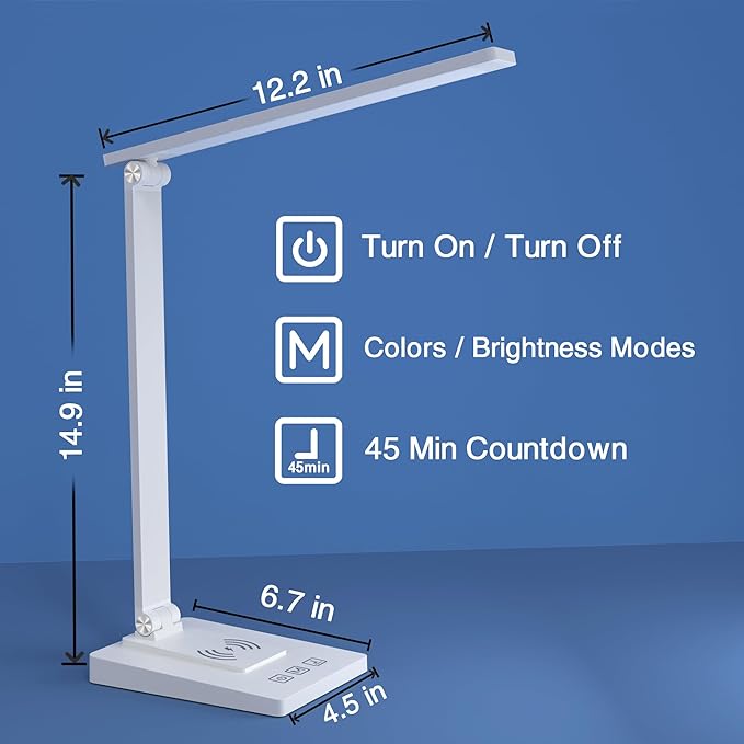 LED Desk Lamp with Wireless Charger and USB Charging Port,Desk Lamps for Home Office,Study Dimmable Table Lamp Desk Light,5 Colors Stepless Dimming,Eye-Caring Desk Lamp for College Dorm Room - LeafyLoom