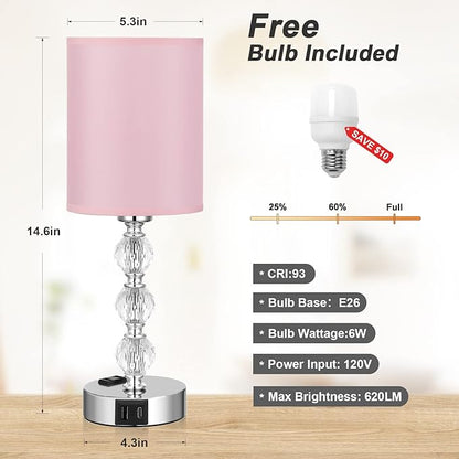 Pink Touch Bedside Lamps for Bedrooms - Crystal Table Lamp with USB C+A Charging Port and AC Outlet Nightstand, 3 Way Dimmable Silver Small End Side Table Lamp for Living/Guest/Dinning Room/Kitchen - LeafyLoom