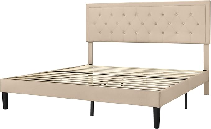 Allewie King Size Platform Bed Frame/Fabric Upholstered Bed Frame with Diamond Button Tufted Headboard/Adjustable Headboard/Wood Slat Support/Mattress Foundation/Beige (King) - LeafyLoom