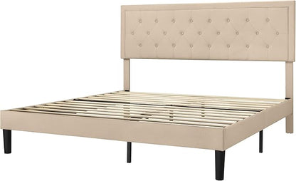 Allewie King Size Platform Bed Frame/Fabric Upholstered Bed Frame with Diamond Button Tufted Headboard/Adjustable Headboard/Wood Slat Support/Mattress Foundation/Beige (King) - LeafyLoom