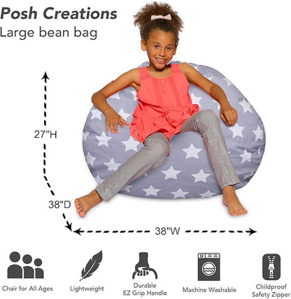 Posh Creations Bean Bag Chair for Kids, Teens, and Adults Includes Removable and Machine Washable Cover, Canvas White Stars on Gray, 38in - Large - LeafyLoom