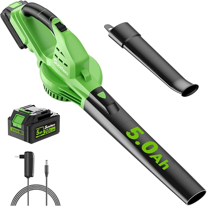 Leaf Blower Cordless with 5.0Ah Battery and Charger, 135MPH 170CFM High Speed Leaf Blower with 2 Tube, 20V Electric Leaf Cleaner, Lightweight Handheld Small Blower for Car, Garden, House, Depot, Green - LeafyLoom