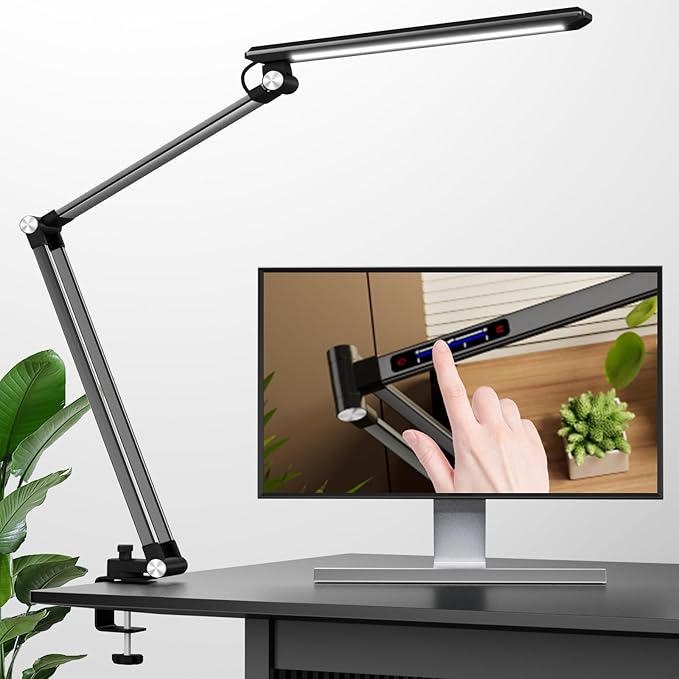 Space Saving LED Desk Lamps,Touch Adjustment 10 Color Temperatures &10 Brightness Eye-Caring Modes, Swing Arm Desk Light with Clamp，Lamp for Home Office 360° Spin Memory Function-Metallic Black - LeafyLoom