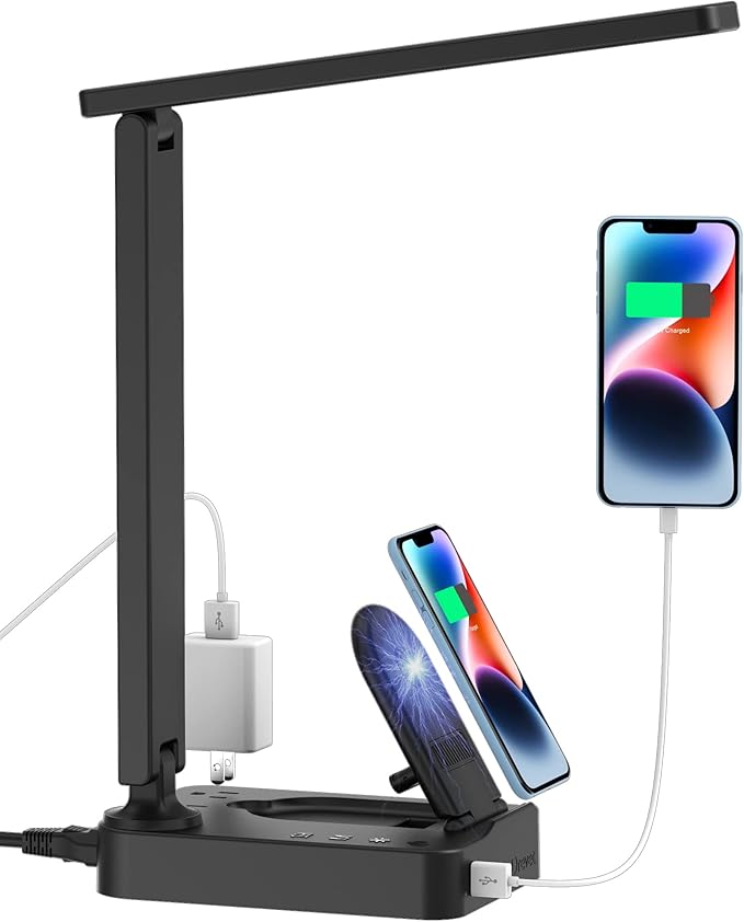 Drevet LED Desk Lamp with Wireless Charger, Desk Table Light with USB Charging Port and 2 Outlets, 3 Lighting Modes, 3 Level Brightness, 1H Timer, Touch Control, Eye-Caring Home Office Foldable Lamp - LeafyLoom