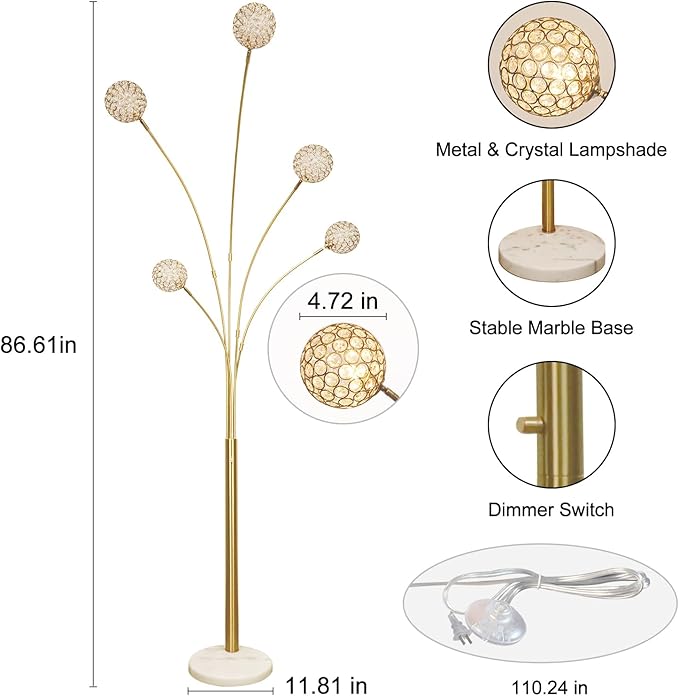 Depuley 5-Light Modern LED Floor Lamp, Adjustable Metal Tall Standing Lamps with Marble Base, Dimmable Arc Floor Lamp with Flexible Rotating Lights for Living Room, Bedroom(Gold, G9 Bulbs Included) - LeafyLoom