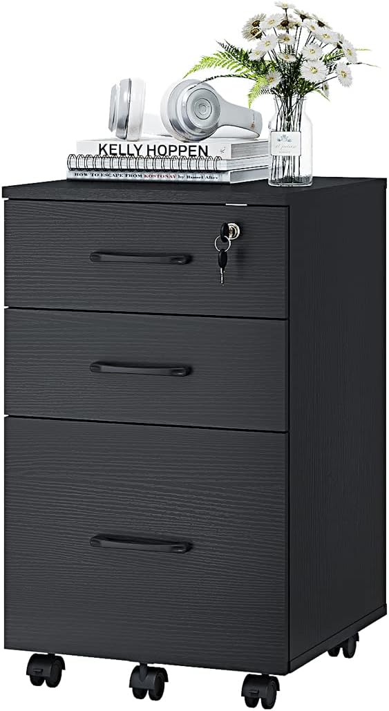 Panana 3 Drawer Wood Mobile File Cabinet, Under Desk Storage Drawers Small File Cabinet for Home Office (Black) - LeafyLoom