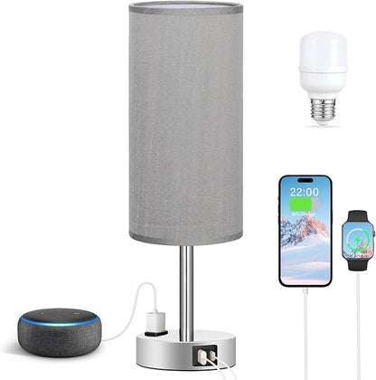 Grey Nightstand Table Lamp for Bedroom - 3 Way Dimmable Bedside Lamp USB C A Charging Ports and AC Outlet, Small Table Lamp Silver Base for Living Room, Office Desk, LED Bulb Included - LeafyLoom