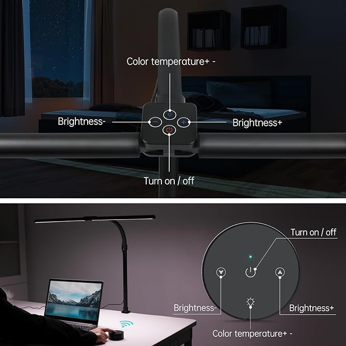 Double Head Desk Lamp LED Dimmable with Touch Remote Control, 80cm Architect Desk Light with Clamp, 24W Adjustable Gooseneck Office Light Monitor Light, 25 Lighting Modes for Study Reading, Black - LeafyLoom