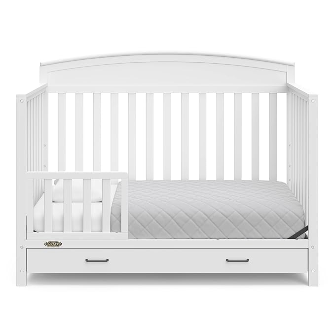 Graco Benton 5-in-1 Convertible Crib with Drawer (White) - Converts from Baby Crib to Toddler Bed, Daybed and Full-Size Bed, Fits Standard Full-Size Crib Mattress, Adjustable Mattress Support Base - LeafyLoom