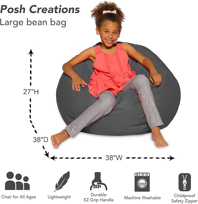 Posh Creations Bean Bag Chair for Kids, Teens, and Adults Includes Removable and Machine Washable Cover, Heather Gray, 38in - Large - LeafyLoom