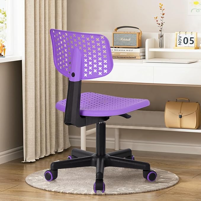 Desk Chair Armless Cute Office Chair, Low Back Rolling Home Office Task Chair Adjustable Swivel Study Chair for Girls Teens Adults Children Kids, Purple - LeafyLoom