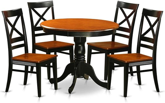 East West Furniture ANQU5-BLK-W 5 Piece Dinette Set for 4 Includes a Round Kitchen Table with Pedestal and 4 Dining Room Chairs, 36x36 Inch - LeafyLoom