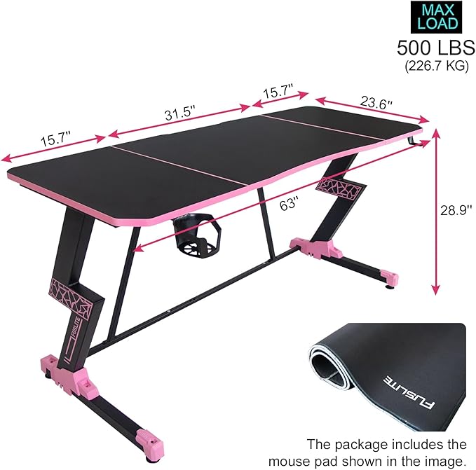 63 Inch Gaming Desk, with Carbon Fiber Surface, Lightning-Shaped PC Computer Table, with Headphone Holder, Cup Holder, Cable Management Box, Gaming Table for Gamer, Black&Pink - LeafyLoom