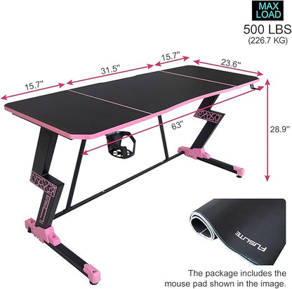 63 Inch Gaming Desk, with Carbon Fiber Surface, Lightning-Shaped PC Computer Table, with Headphone Holder, Cup Holder, Cable Management Box, Gaming Table for Gamer, Black&Pink - LeafyLoom