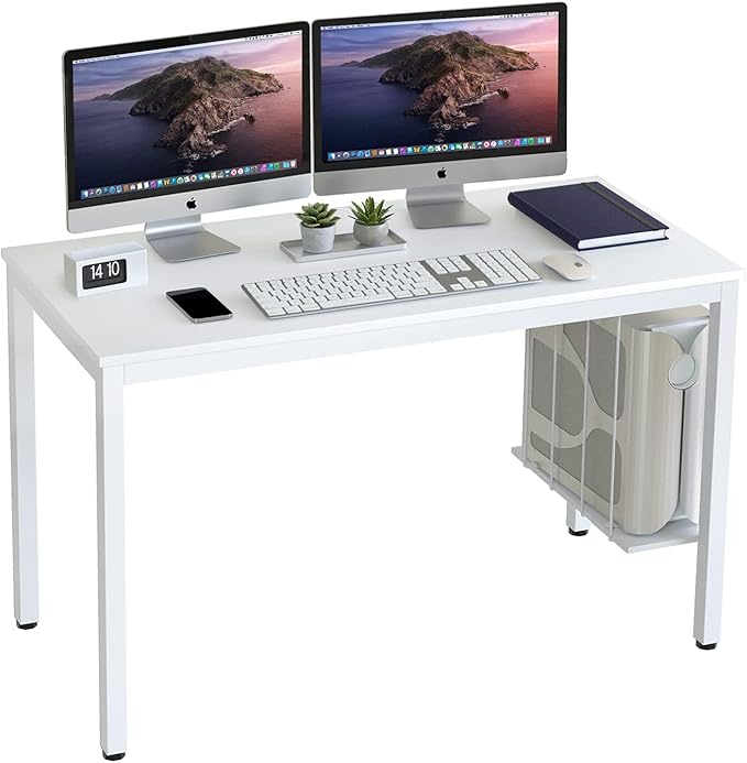 White Computer Desk 47" Writing Desk Study Table with CPU Storage Shelf for Home Office, Workstation, Office, Gaming Room- Sturdy Stable White Metal Frame - LeafyLoom