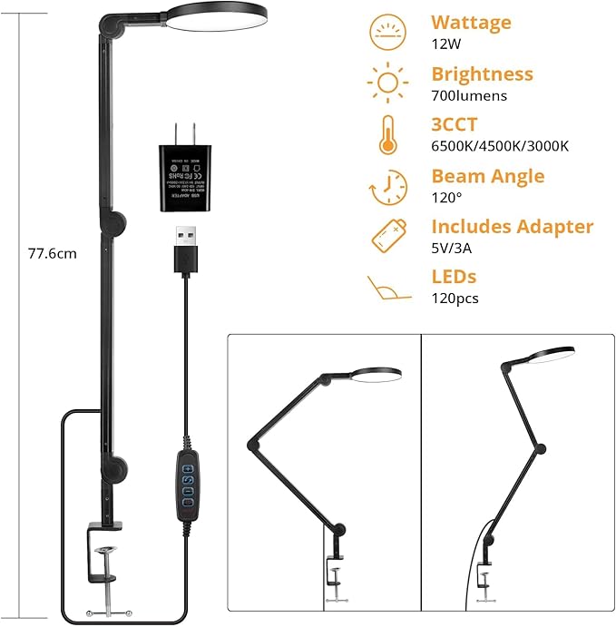 Desk Lamp with Clamp, Long Clip on Lights for Home Office, 3 Modes x 10 Brightness, Swing Arm Desk Clamp Task Table Lamps with Adapter, Black - LeafyLoom