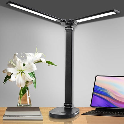 Doule Head Desk Lamp, Dimmable Desk Light, Adjustable Reading Lamps, Eye-Caring Table Lamp, Multi-Angle Adjustable and Foldabel Design Table Lamp - Black - LeafyLoom