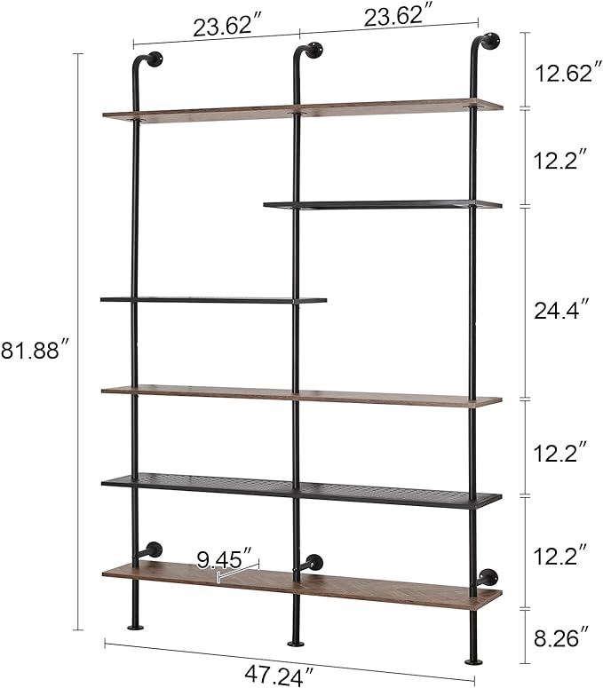 HOMISSUE Industrial Bookshelf 6-Tier Open Wall Mount Ladder Bookshelf, Modern Bookcase with Metal Frame and Wood Style for Home Office, Wall Mounted industrial Iron Pipe Shelf, Brown - LeafyLoom