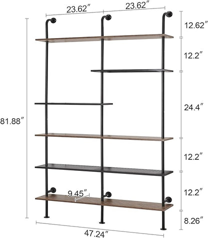 HOMISSUE Industrial Bookshelf 6-Tier Open Wall Mount Ladder Bookshelf, Modern Bookcase with Metal Frame and Wood Style for Home Office, Wall Mounted industrial Iron Pipe Shelf, Brown - LeafyLoom