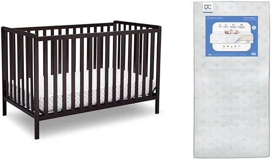 Delta Children Heartland 4-in-1 Convertible Crib, Dark Chocolate + Delta Children Twinkle Galaxy Dual Sided Recycled Fiber Core Crib and Toddler Mattress (Bundle) - LeafyLoom