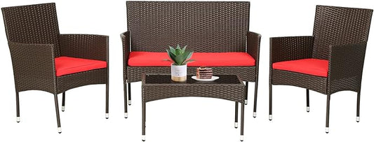 FDW 4 Pieces Wicker Patio Conversation Set Patio Furniture Set with Rattan Chair Loveseats Coffee Table for Outdoor Indoor Garden Backyard Porch Poolside Balcony,Brown Wicker/Red Cushions - LeafyLoom