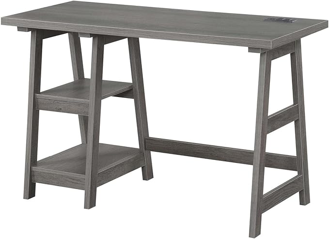 Convenience Concepts Designs2Go Trestle Desk with Charging Station and Shelves, Charcoal Gray - LeafyLoom