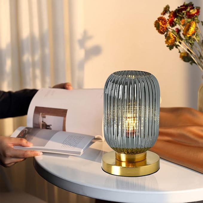 Bedside Table Lamp Mid Century Glass Table Lamps Modern Globe Table lamp Gold Desk lamp nightstand lamp with Pumpkin Design with Ribbed Glass Shade for Bedroom Living Room Office (Smoke gray) - LeafyLoom