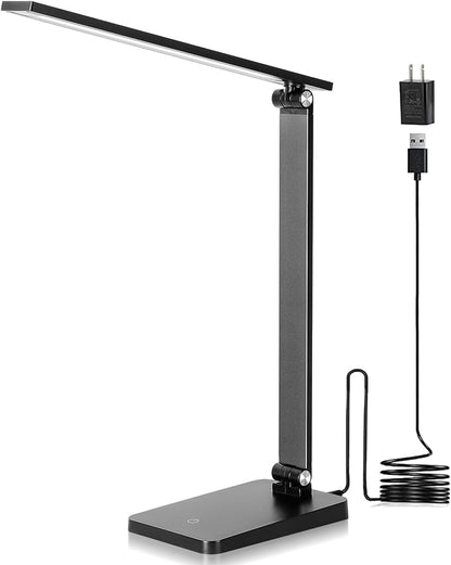 LED Desk Lamp for Home Office, 3 Levels Dimmable Desk Light with USB Charging Port, Small Study Lamp, Reading Light for Table, Black, 5000K - LeafyLoom