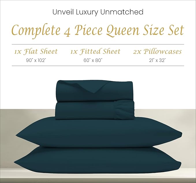 Bluemoon Homes Egyptian Cotton Sheets Queen Size Deep Pockets - 18" 100% Cotton Soft & Ultra Smooth Queen Sheets - 1000 Thread Count Breathable Sheets & Pillowcases Set - Teal Bedding Sets (4 Pc) - LeafyLoom