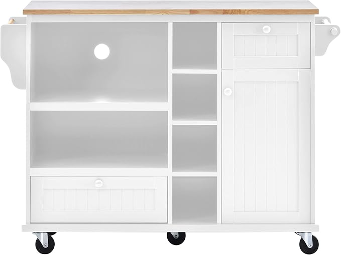 Mobile Cart with Storage Cabinet & Solid Wood Desktop, Kitchen Island on Wheels w/Adjustable Shelf and Drawer, Floor Standing Buffet Server Sideboard for Dining Room, Bar, White, 50.8 Inch - LeafyLoom