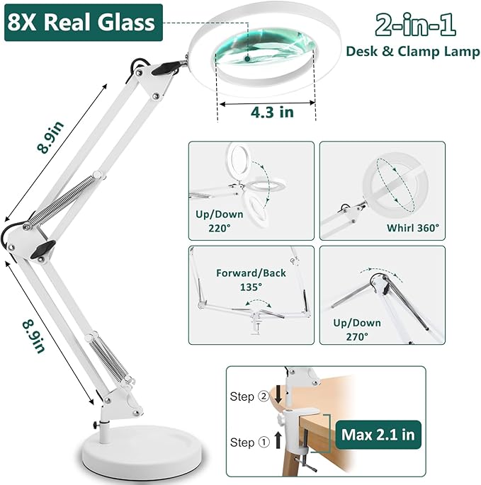 Magnifying Glass with Lihgt and stand, Veemagni 8X Real Glass 2-in-1 Desk Lamp & Clamp, 3 Color Modes Stepless Dimmable, LED Lighted Magnifier with Light for Reading Crafts Repair Close Works - White - LeafyLoom