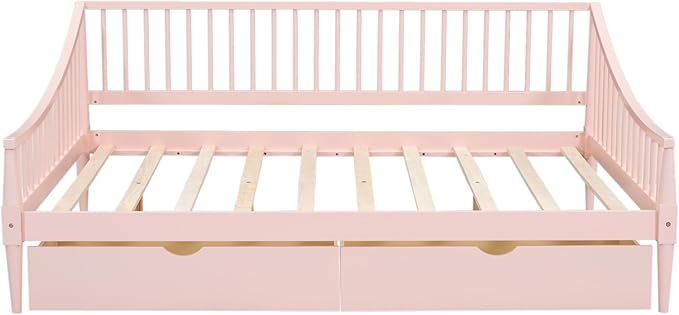 Full Size Daybed with Two Drawers,Solid Wood Storage Bed Frame W/Wooden Slat Support,Guide Rail Design on Three Sides,Easy to Assemble,for Bedroom Living Room,Pink - LeafyLoom