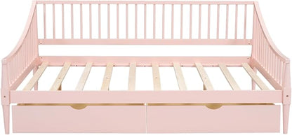 Full Size Daybed with Two Drawers,Solid Wood Storage Bed Frame W/Wooden Slat Support,Guide Rail Design on Three Sides,Easy to Assemble,for Bedroom Living Room,Pink - LeafyLoom