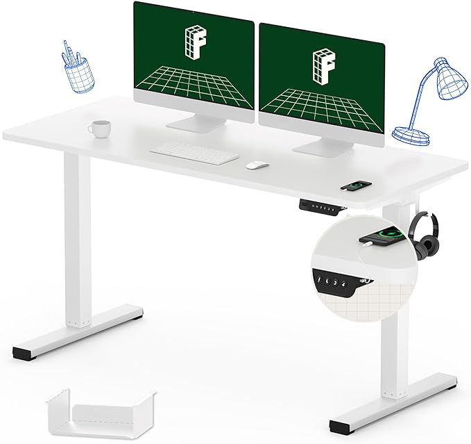 FLEXISPOT Electric Stand Up/ Standing Desk with 55 x 24 Splice Ergonomic Memory Controller Height Adjustable E150 (White Frame + 55" White Desktop) - LeafyLoom