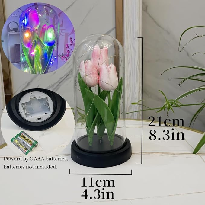 LED Tulip Lamp Artificial Flower Night Light Handmade Light up Tulips in Glass Dome Table Lamp Ornaments Desktop Decor - Battery Operated (Pink-Colour light) - LeafyLoom