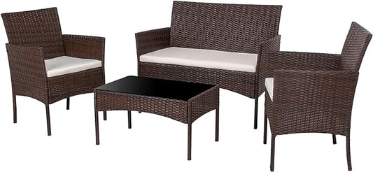 Shintenchi 4 Piece Outdoor Patio Furniture Sets, Small Wicker Patio Conversation Furniture Rattan Chair Set with Tempered Glass Coffee Table for Backyard Porch Garden Poolside Balcony - LeafyLoom