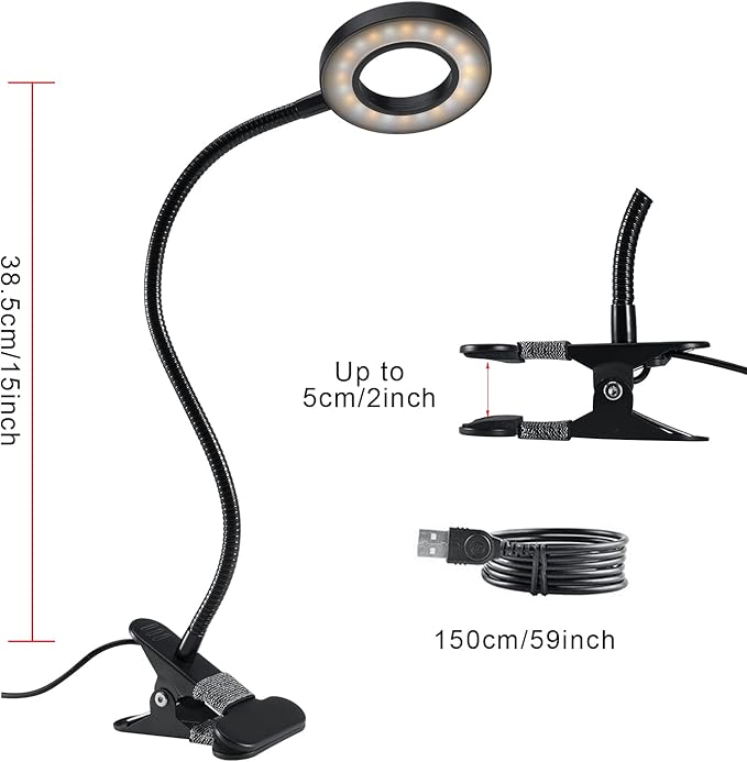 Desk Lamp Clip on Light, Desk Light 48 LED Lamp with 3 Lighting Modes, Dimmable 10 Brightness Levels, 360° Adjustable Gooseneck, Eye-Caring Small Lamp for Bed Headboard Reading（Included Adapter ） - LeafyLoom